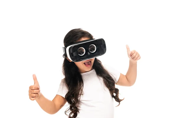 Lateinisches Kind Zeigt Daumen Nach Oben Während Virtual Reality Headset — Stockfoto