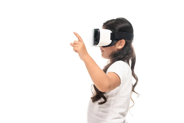 Oldalnézetből Latin Gyerek Mutat Ujját Miközben Visel Virtuális Valóság Headset — Stock Fotó