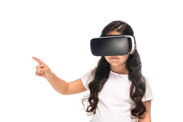 Cute Latin Kid Pointing Finger While Wearing Virtual Reality Headset — Stock Photo, Image