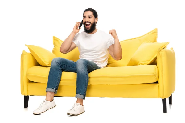 Homem Latino Feliz Falando Smartphone Celebrando Triunfo Isolado Branco — Fotografia de Stock