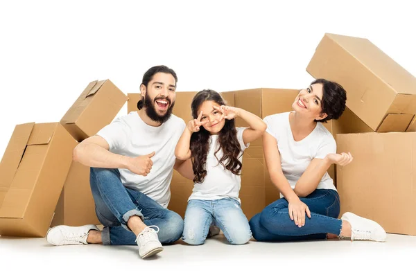 Happy Latin Man Showing Thumb Kid Gesturing Wife Smiling Boxes — Stock Photo, Image