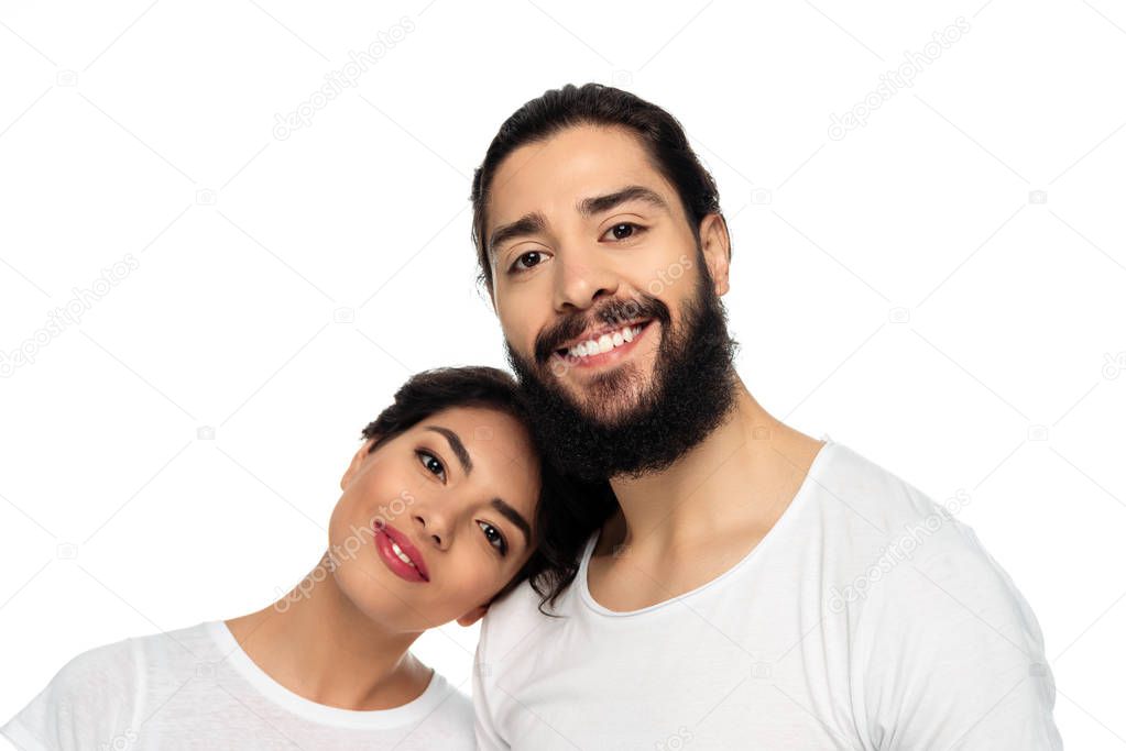 cheerful latin man and woman smiling isolated on white 