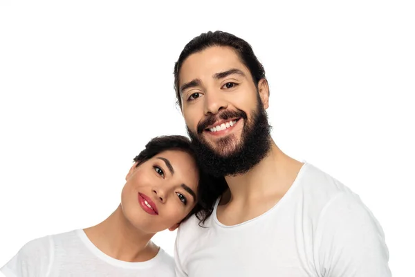 Веселий латинський чоловік і жінка посміхаються ізольовані на білому — стокове фото