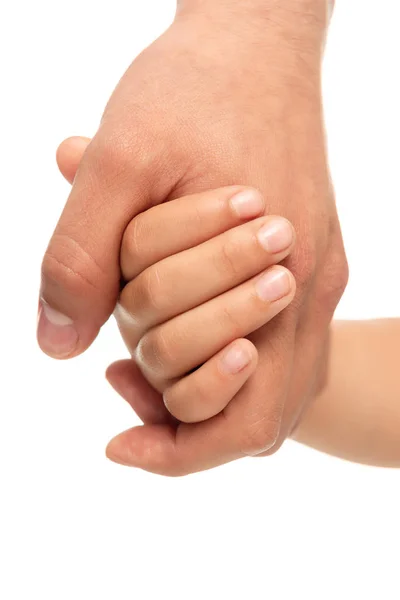 Обрізаний вид на батька і дочку, тримаючи руки ізольовані на білому — стокове фото