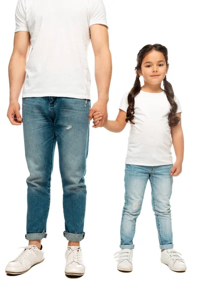 Обрізаний вид батька тримає руки з милою дочкою ізольовані на білому — стокове фото