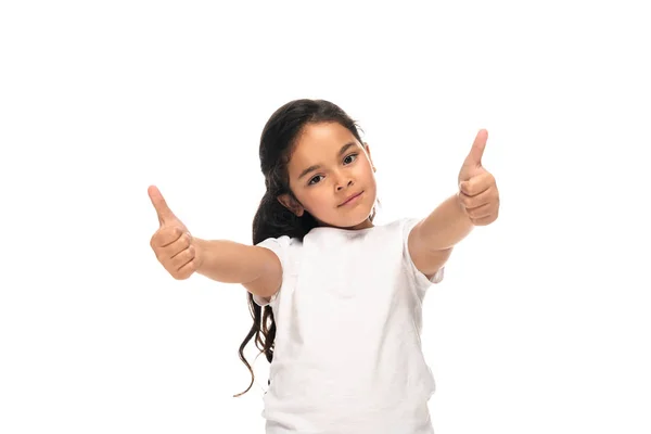 Happy latin child showing thumbs up isolated on white — Stock Photo