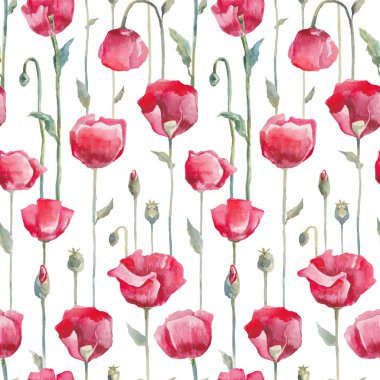 Suluboya haşhaş. Elle çizilmiş seamless modeli