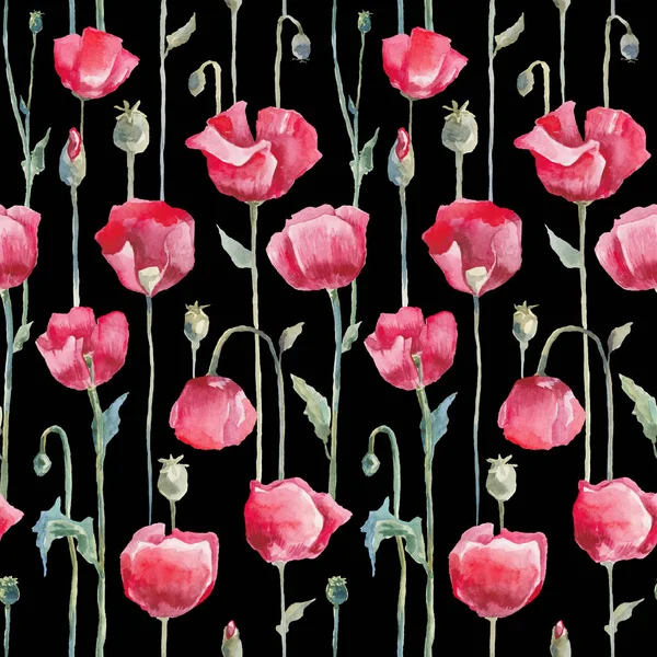红罂粟。无缝水彩图案 — 图库照片