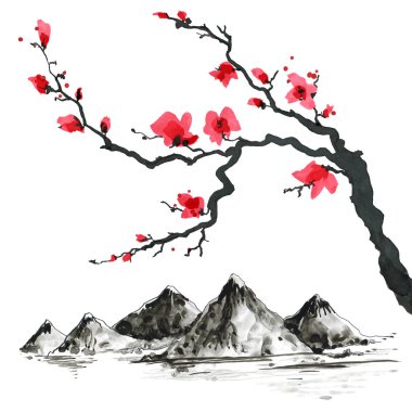 Japon tarzı dağlarda. Suluboya el boyama çizim