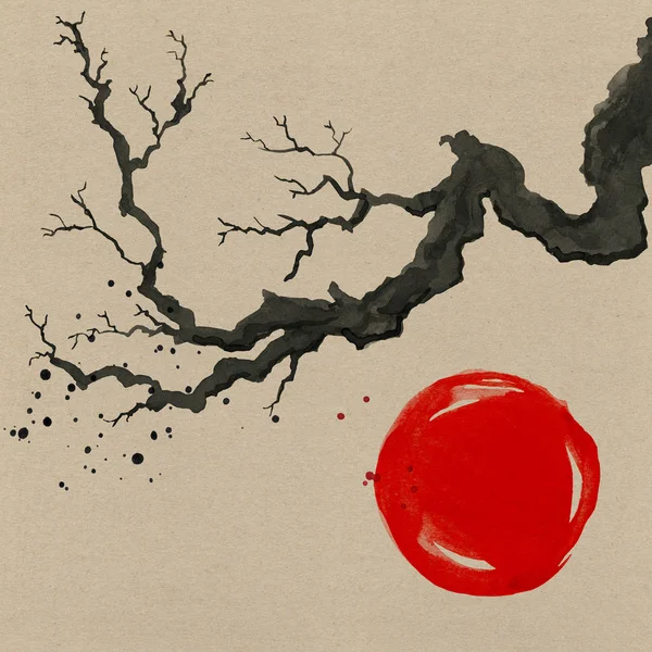 Ramo d'albero in stile giapponese. Illustrazione pittura a mano acquerello — Foto Stock