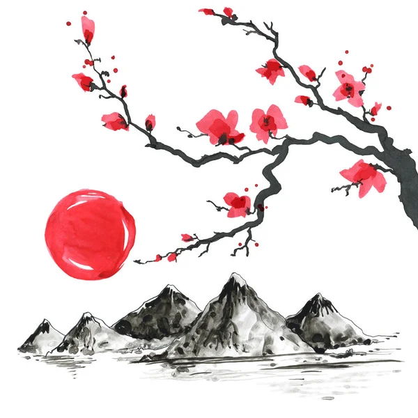 Κλαδί δέντρου σε ιαπωνικό στυλ. Ακουαρέλα χέρι Ζωγραφική απεικόνιση — Φωτογραφία Αρχείου