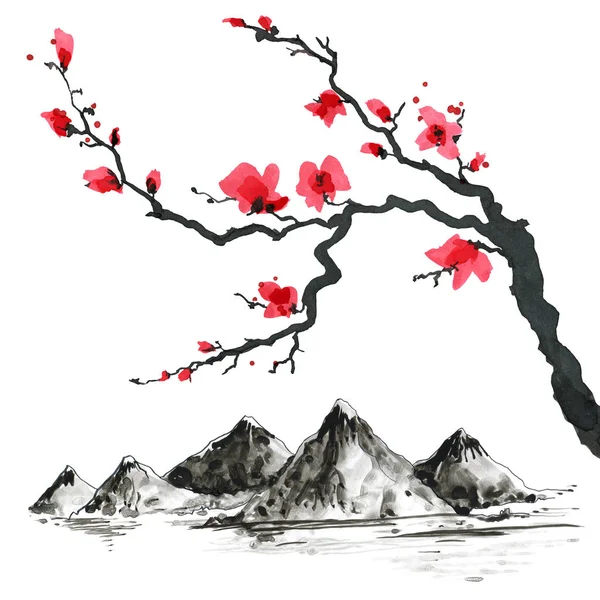 Bergen in Japanse stijl. Aquarel hand schilderij illustratie — Stockfoto