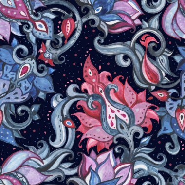 Egzotik bahçe. El çekilmiş çiçek desenli, vintage tarzı