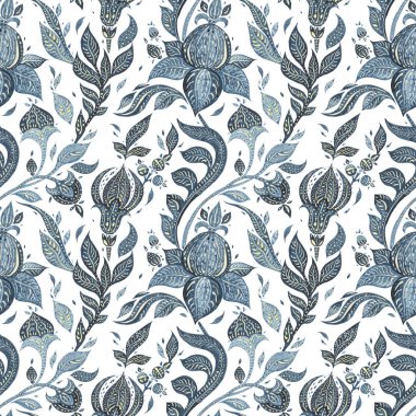 Paisley Indigo çiçekler. Sulu boya egzotik vintage desen