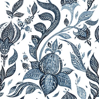 Paisley Indigo çiçekler. Sulu boya egzotik vintage desen