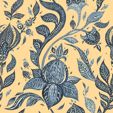 Paisley Indigo çiçekler. Sulu boya egzotik vintage desen