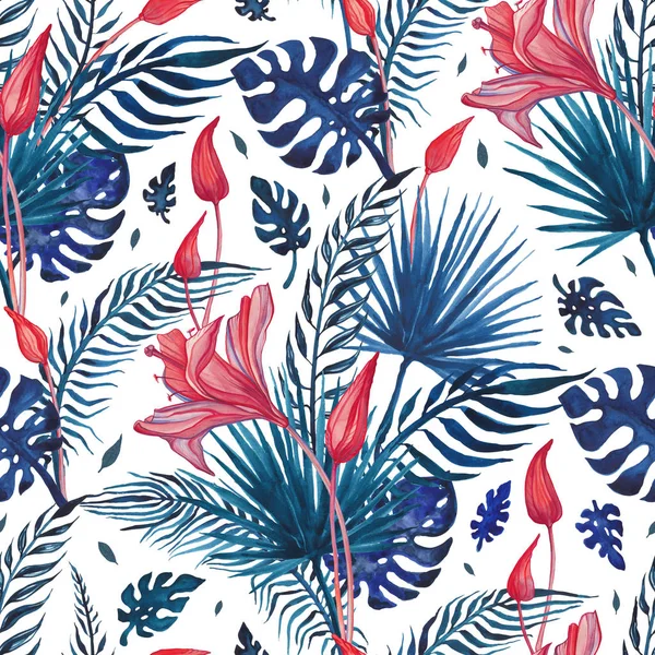 Hermosas flores tropicales, patrón perfecto. Acuarela ilustración dibujada a mano, fondo exótico — Foto de Stock