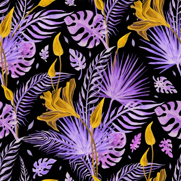 Hermosas flores tropicales, patrón perfecto. Acuarela ilustración dibujada a mano, fondo exótico — Foto de Stock