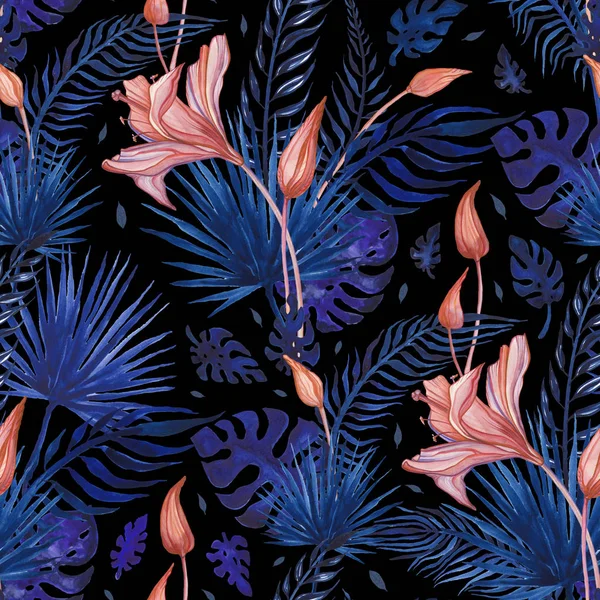 Hermosas flores tropicales, patrón perfecto. Acuarela ilustración dibujada a mano, fondo exótico — Foto de Stock