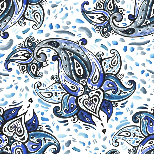 ペイズリー藍色の花。水彩のエキゾチックなビンテージ パターン — ストック写真