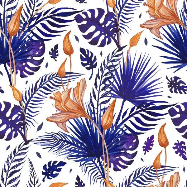 Krásné tropické květiny, bezešvé pattern. Akvarelu ručně kreslené ilustrace, exotické pozadí — Stock fotografie