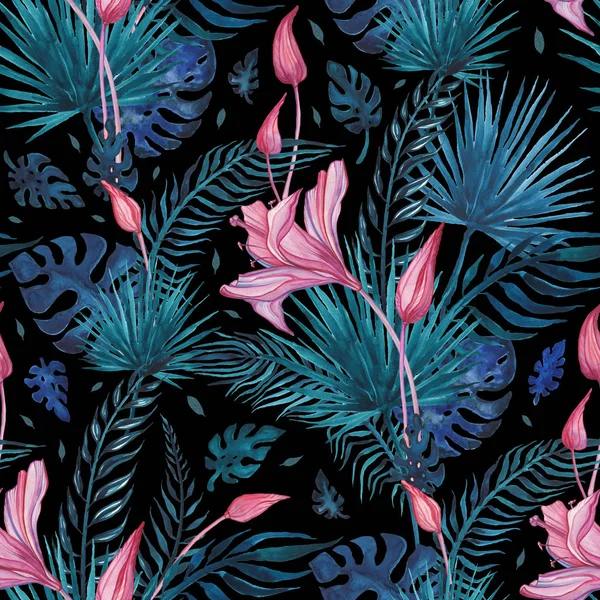 Hermosas flores tropicales, patrón perfecto. Acuarela ilustración dibujada a mano, fondo exótico — Foto de Stock