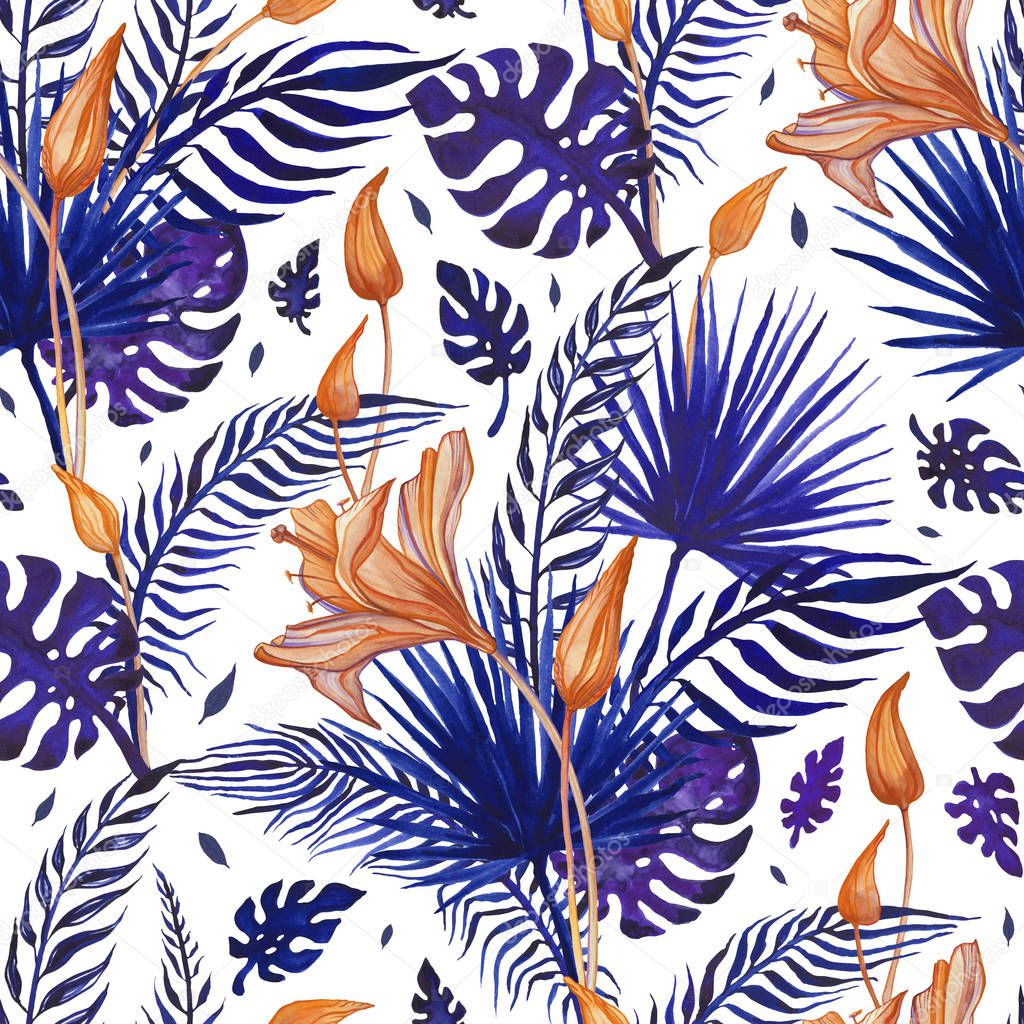 Beautiful Tropical flowers, seamless pattern. Watercolor hand drawn illustration, exotic background