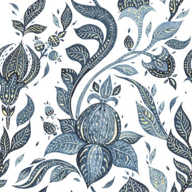 Paisley Indigo çiçekler. Sulu boya egzotik vintage desen