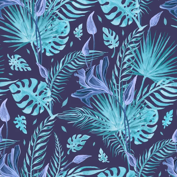 Vackra tropiska blommor, sömlösa mönster. Akvarell handritad illustration, exotiska bakgrund — Stockfoto