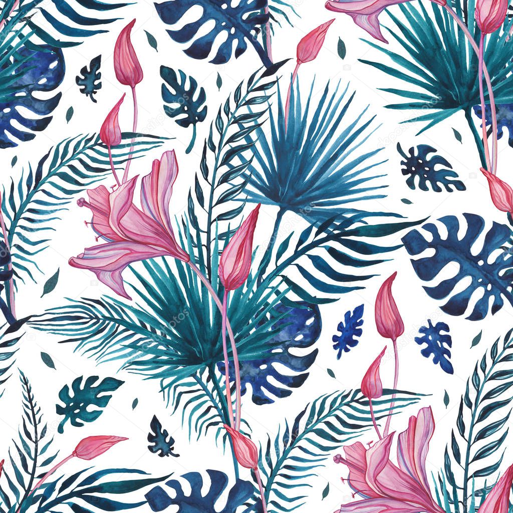 Beautiful Tropical flowers, seamless pattern. Watercolor hand drawn illustration, exotic background