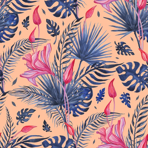 Hermosas flores tropicales, patrón perfecto. Acuarela ilustración dibujada a mano, fondo exótico — Foto de Stock