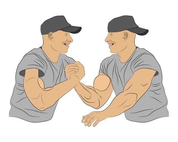 Arm wrestling men with muscle hands fight one another. vector illustration — Stock Vector