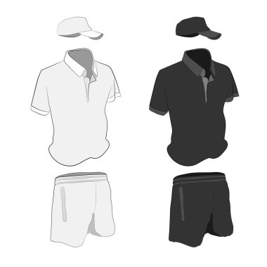 elbise set: t-shirt, beyzbol kap ve şort siyah ve beyaz renkler. vektör çizim çizim