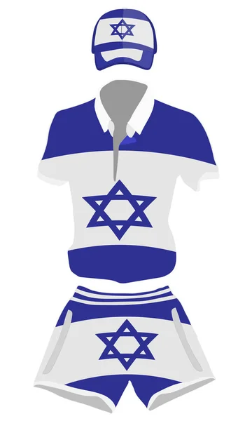 Set di abiti da viaggio estivi: camicia, berretto da baseball e pantaloncini in Israele colori bandiera. illustrazione del disegno vettoriale — Vettoriale Stock