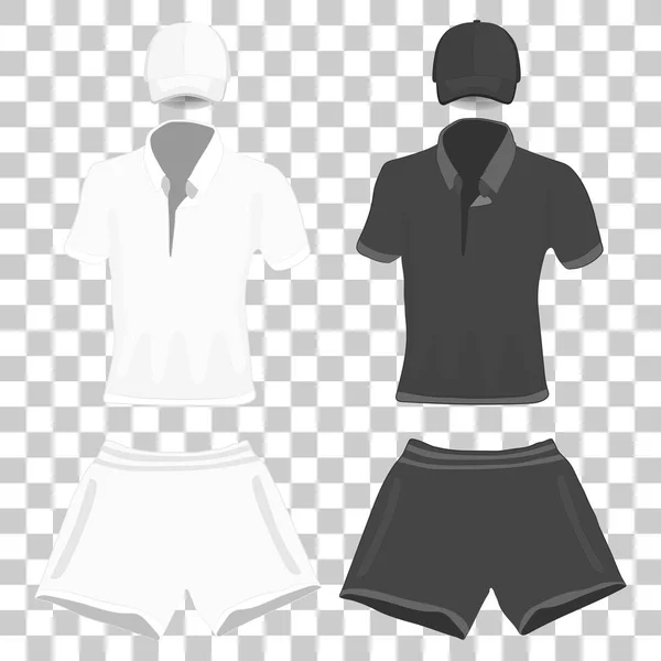elbise set: polo gömlek, beyzbol kap ve şort siyah ve beyaz renkler. vektör çizim çizim