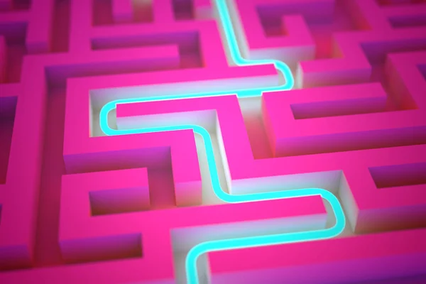 Blue neon path across abstract endless labyrinth — Stock Photo, Image