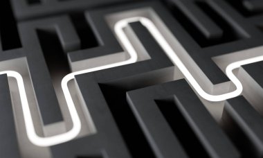 Beyaz neon yol boyunca sonsuz labirent. Başarı, perspektif vizyon, strateji ve pazarlama kavramı: Soyut 3d çizim