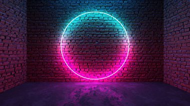 Çember şeklinde parlak neon çerçeve, karanlık odadaki tuğla duvarda.