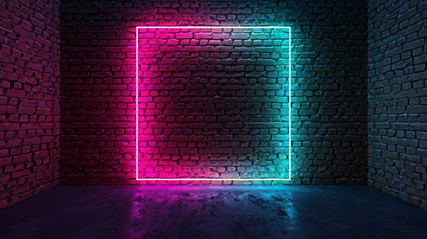 Kare şeklindeki parlak neon çerçeve, karanlık odadaki tuğla duvarda.