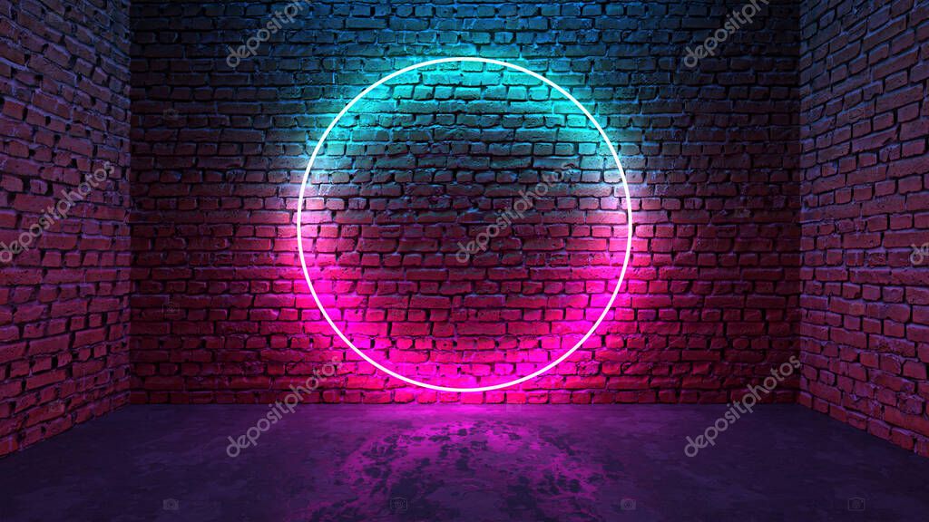 Circle shaped glowing neon frame on brick wall in dark room. Blue to purple or pink gradient color glow. Sci-fi, cyberpunk and disco concept. 3D illustration.