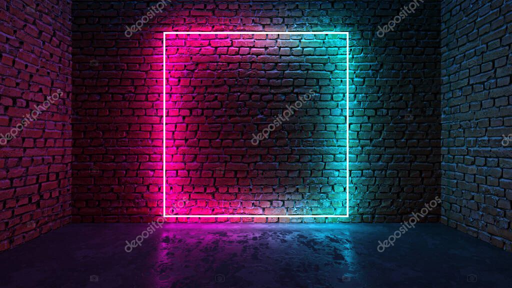 Square shaped glowing neon frame on brick wall in dark room. Blue to purple or pink gradient color glow. Sci-fi and cyberpunk concept. 3D illustration.