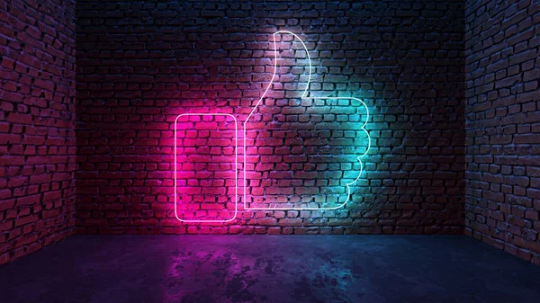 Glowing neon thumb up or like on brick wall in dark room — Stock Photo, Image