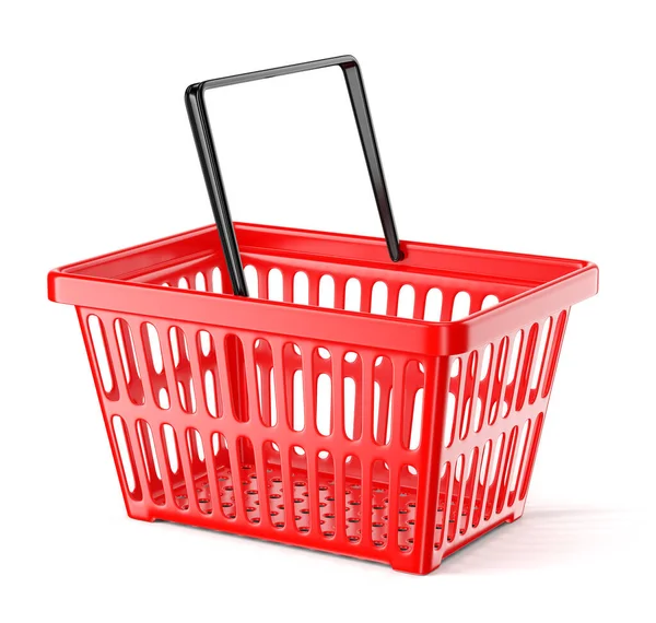 Czerwony plastikowy koszyk supermarketów z pojedynczym uchwytem na białym tle — Zdjęcie stockowe