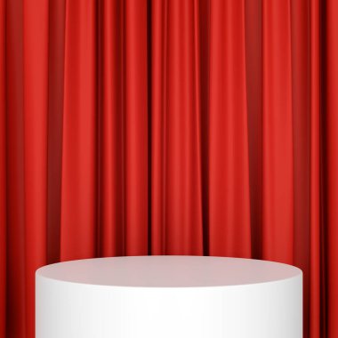 Kırmızı perdeli beyaz silindir podyum