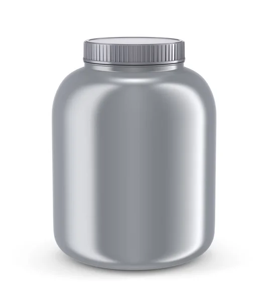 Pot de poudre de protéines en plastique gris sur blanc — Photo