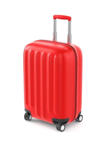 Red plastic suitcase with wheels and retractable handle — Stock Photo, Image