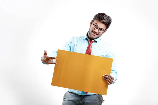 Happy Young Indian Man Showing Blank Poster — Stock Photo, Image