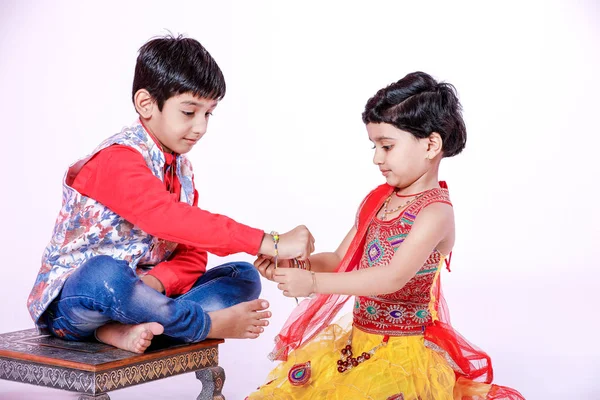 Cute Indian Brother Sister Celebrating Raksha Bandhan Festival — Stock Photo, Image