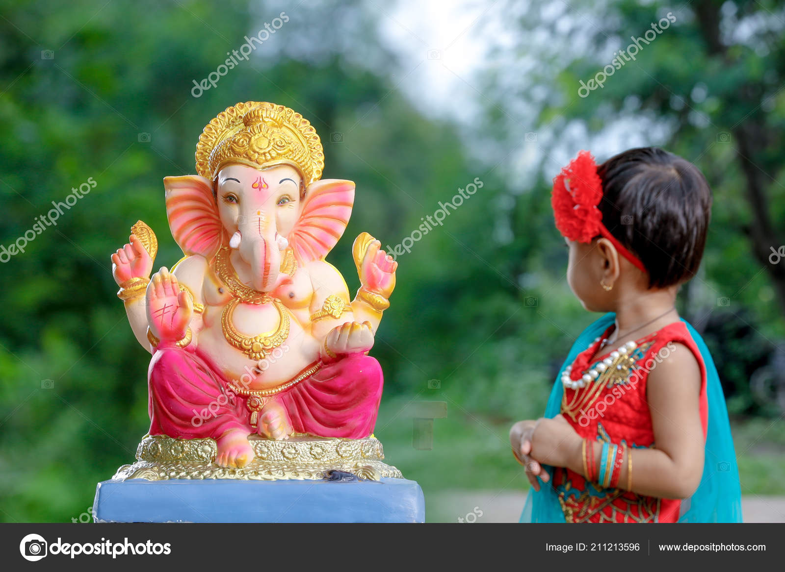 Little Indian Girl Child Lord Ganesha Praying Indian Ganesh ...