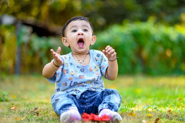 Cute Indian Baby Boy Playing Garden — Stock Photo, Image